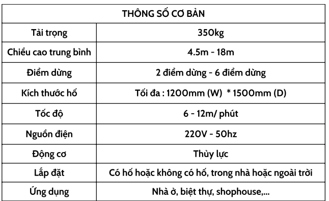 kích thước thang máy thủy lực balo