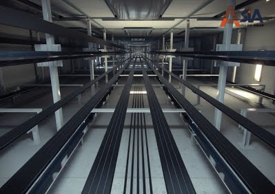 Rail dẫn hướng thang máy được lắp dọc theo giếng thang khi lắp đặt thang máy